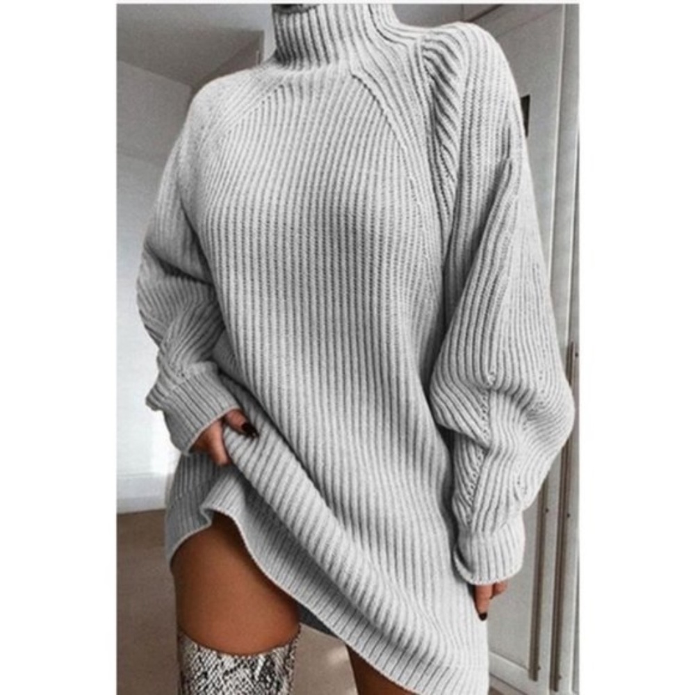 WINE turtleneck balloon sleeve fall sweater dress - Picture 3 of 4